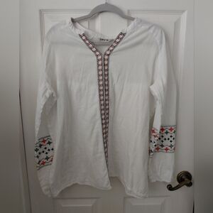 Orvis White Long Sleeve Cotton Embroidered Blouse Top Size Large Boho Western